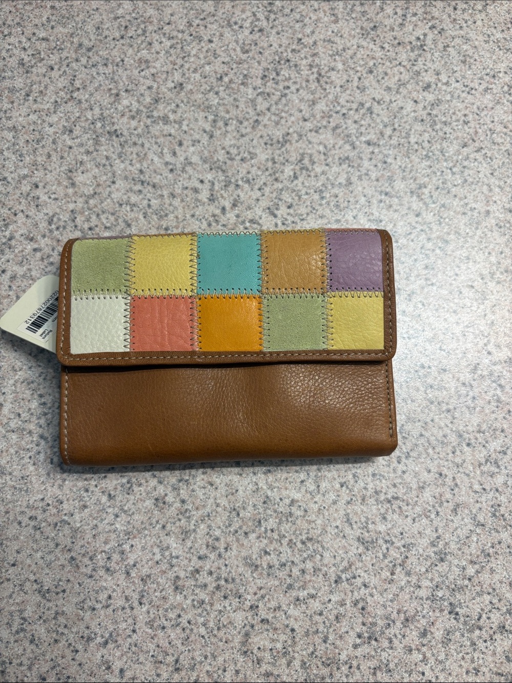 Fossil Tan Leather Wallet with Multicolor Patchwork Flap